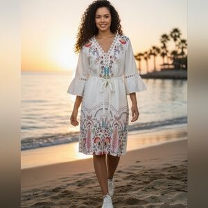 Floral Embroidered White DressBoho Embroidered Swim Cover Up Dress size medium 6